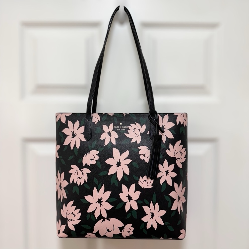 Kate Spade Coated Canvas Black Leather Trim Medium Floral Tote NWT